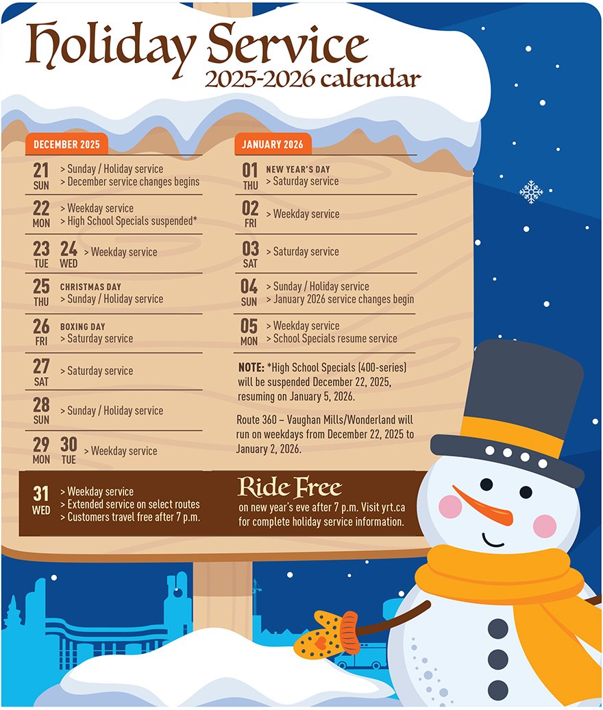 2025 YRT Holiday Service Calendar