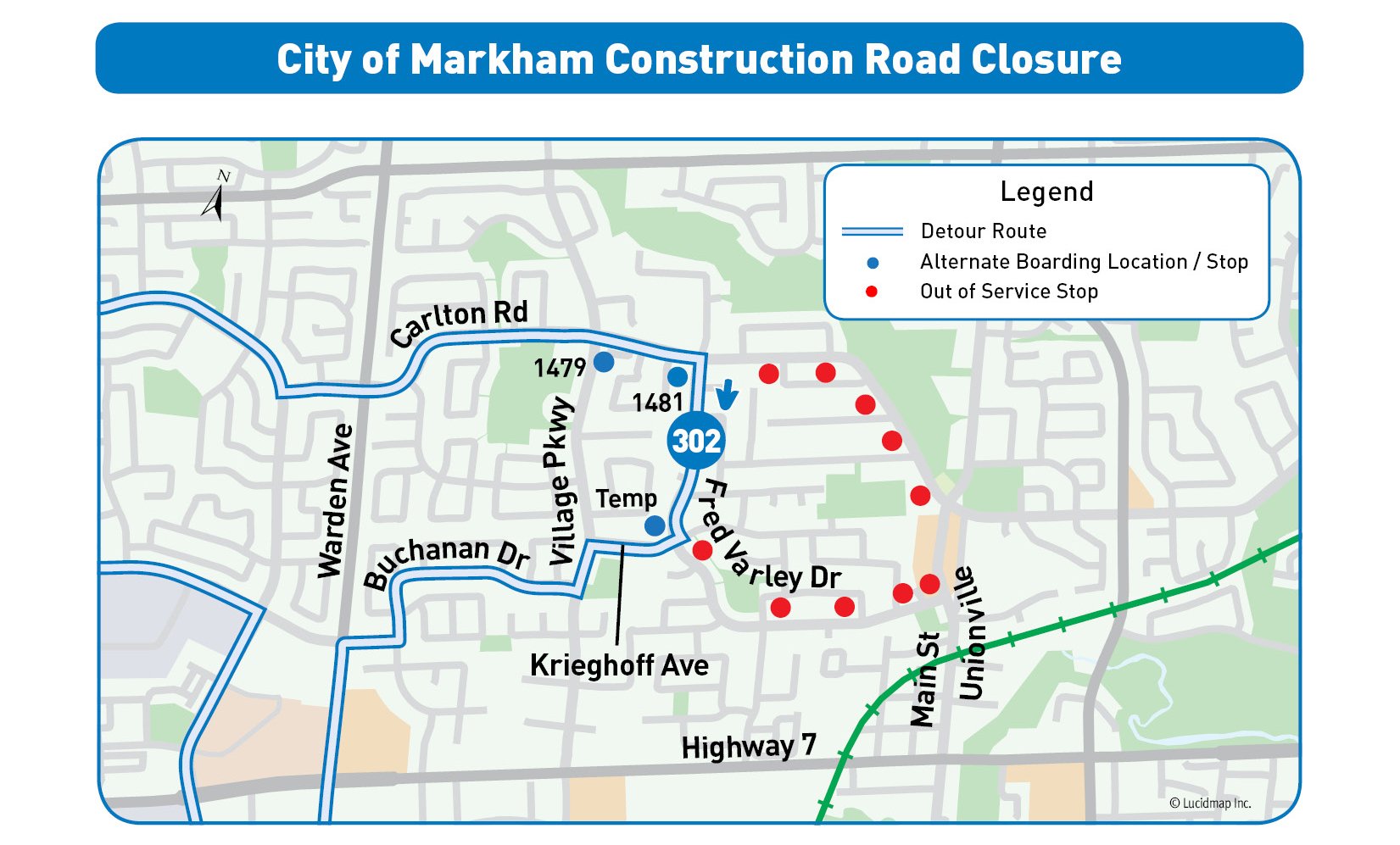 Map showing detour route