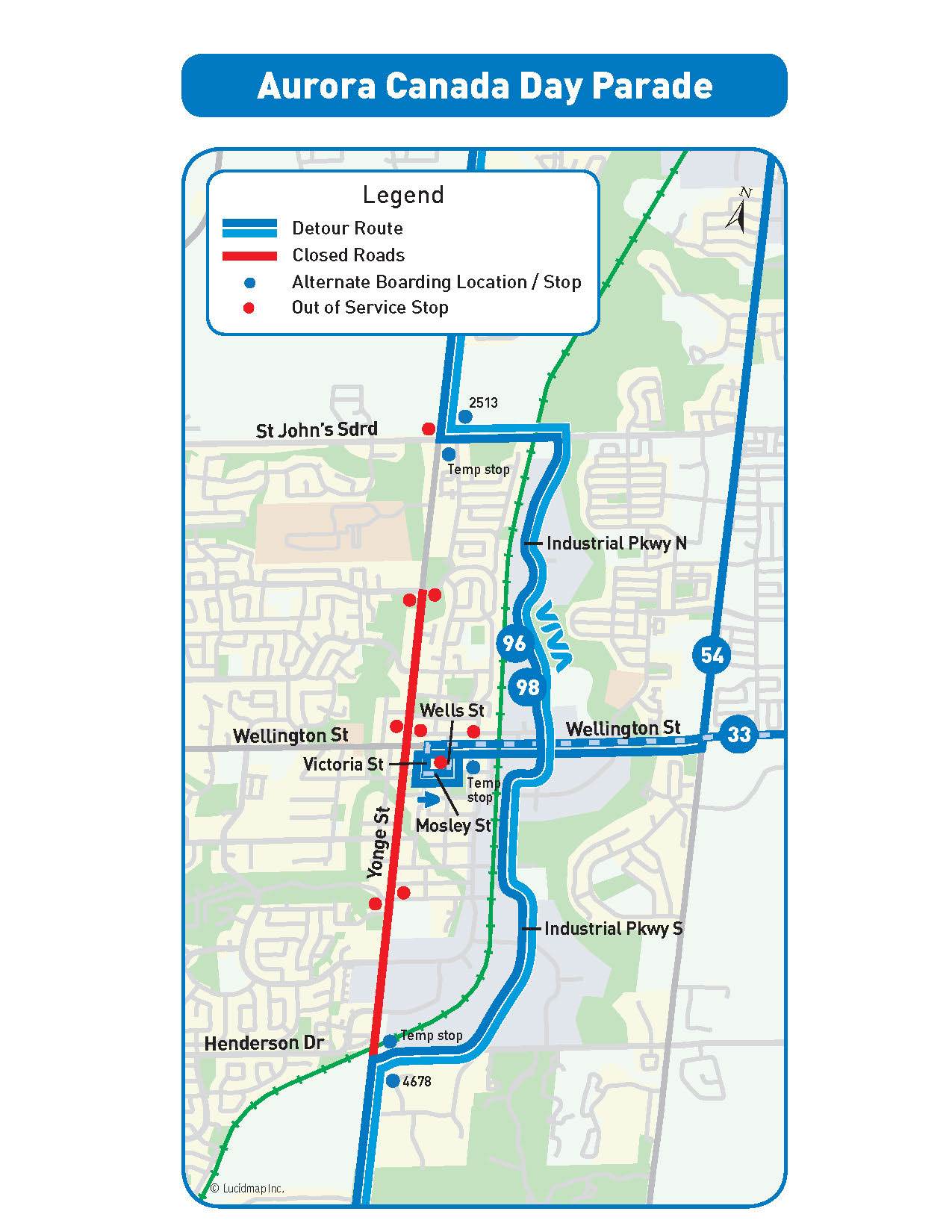 Map of route alternate boarding location due to Town of Aurora Canada Day Parade