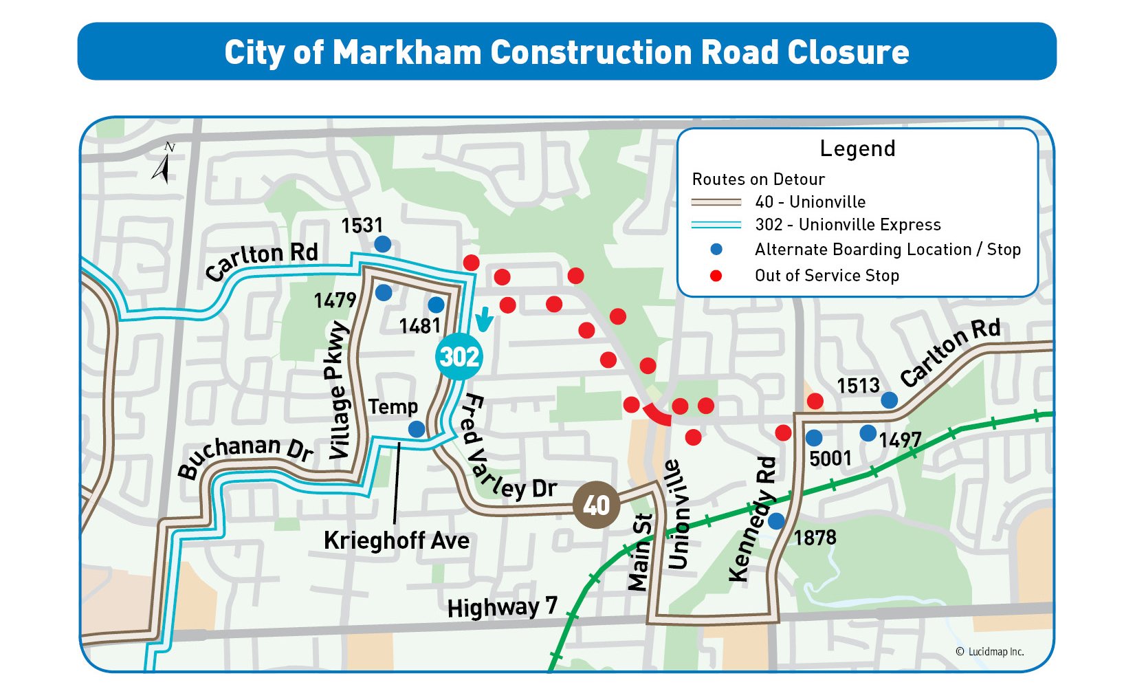 Map showing detour route