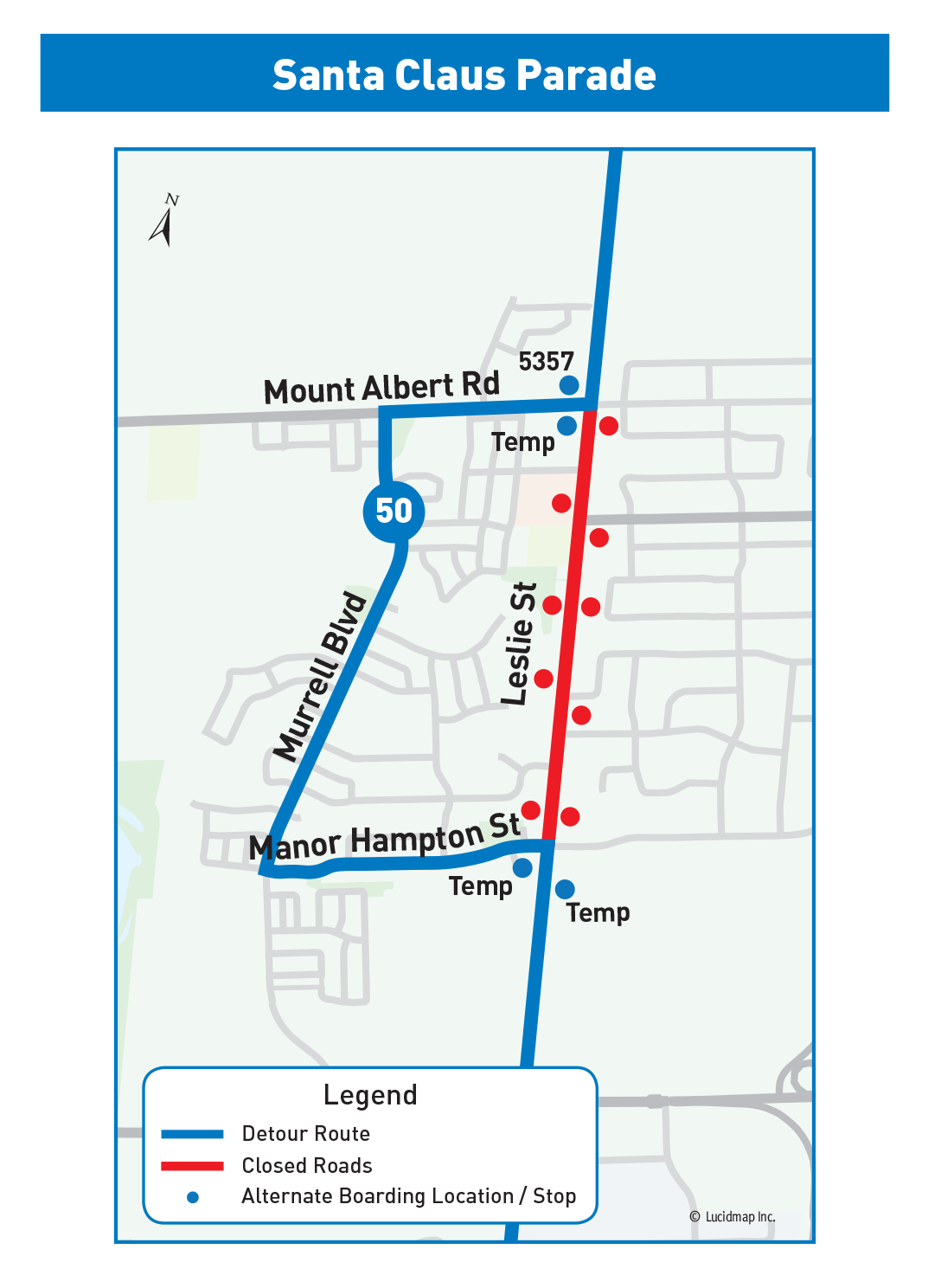 Route 50 Detour map for Santa Claus Parade in East Gwillimbury