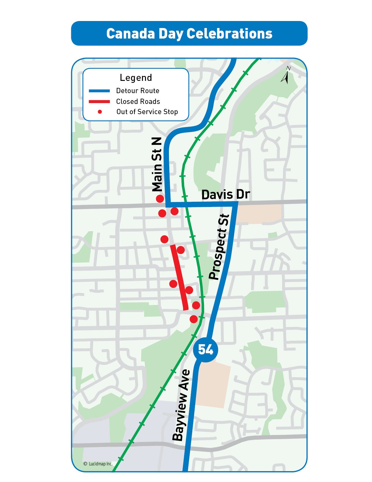 Map of Route 54 alternate boarding location due to Canada Day celebrations