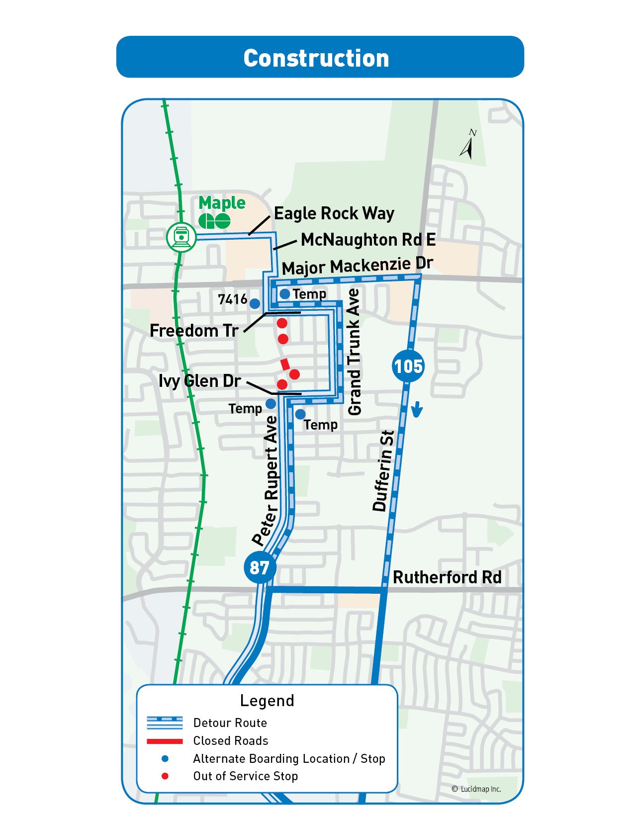 Map showing detour route