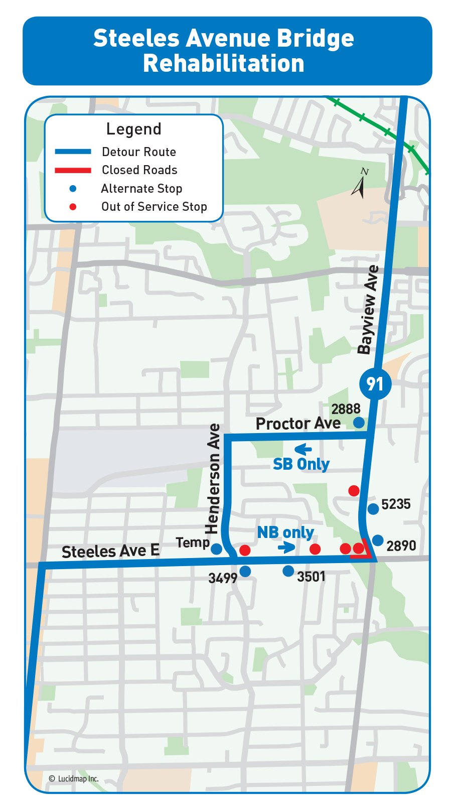 Map showing detour route
