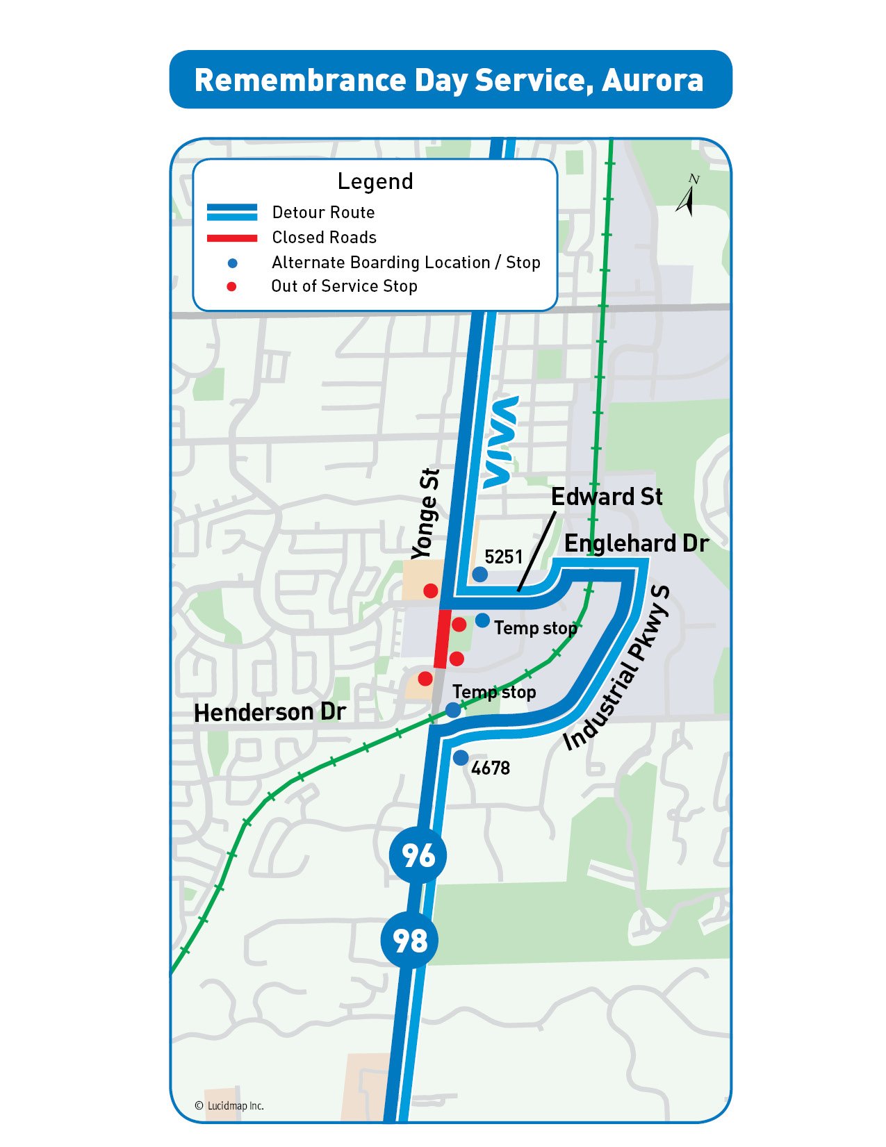 Map of route 96-98 detour due to Remembrance Day Service