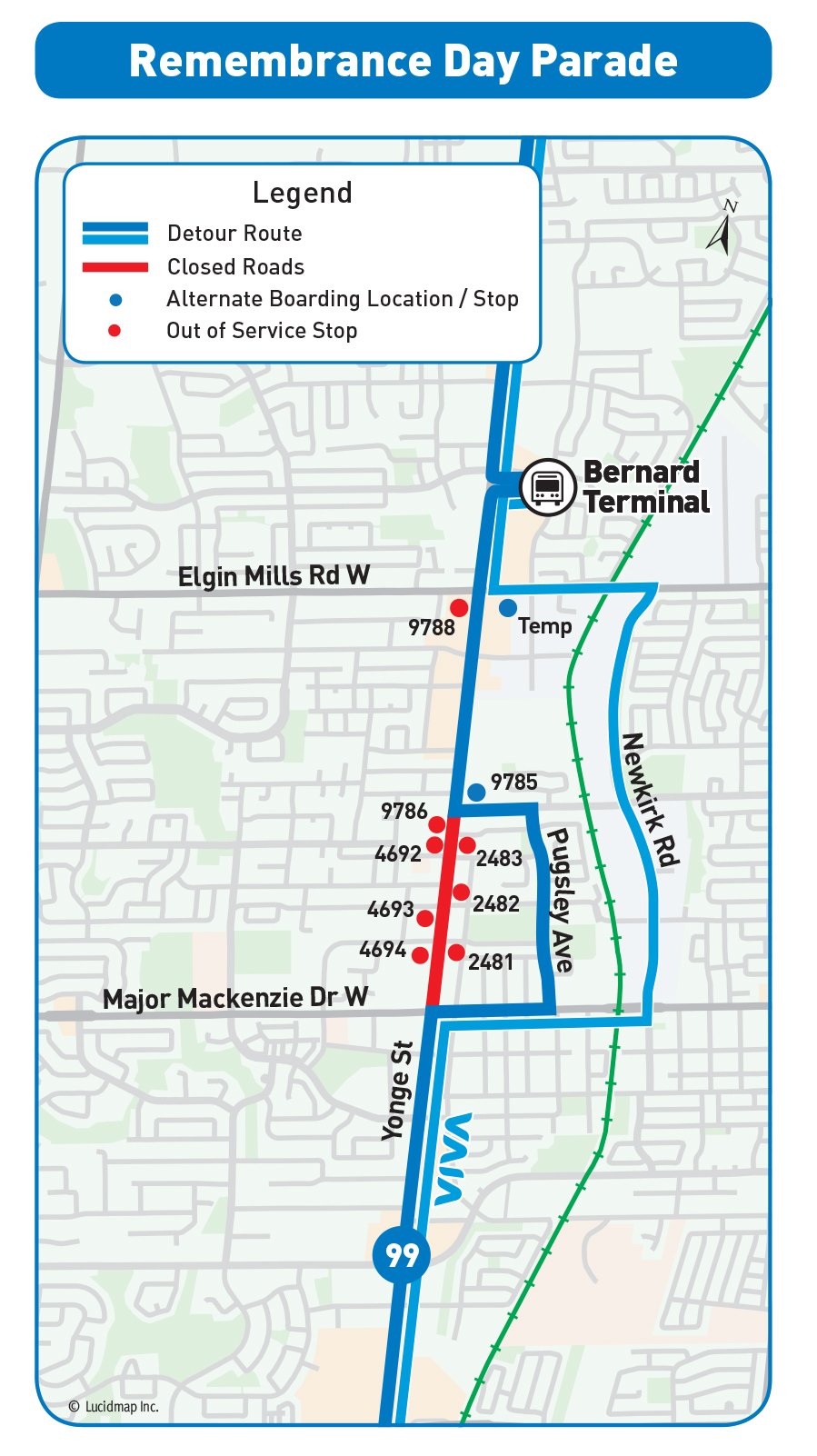 Map of route 99 and Viva Blue detour due to Remembrance Day Service
