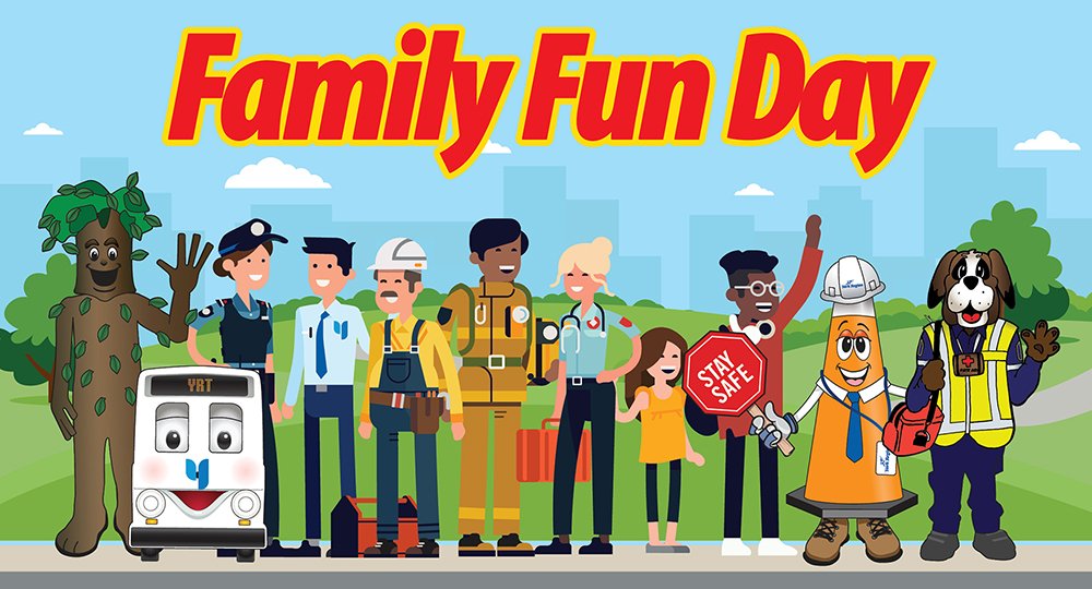 Family Fun Day mascots and public works staff