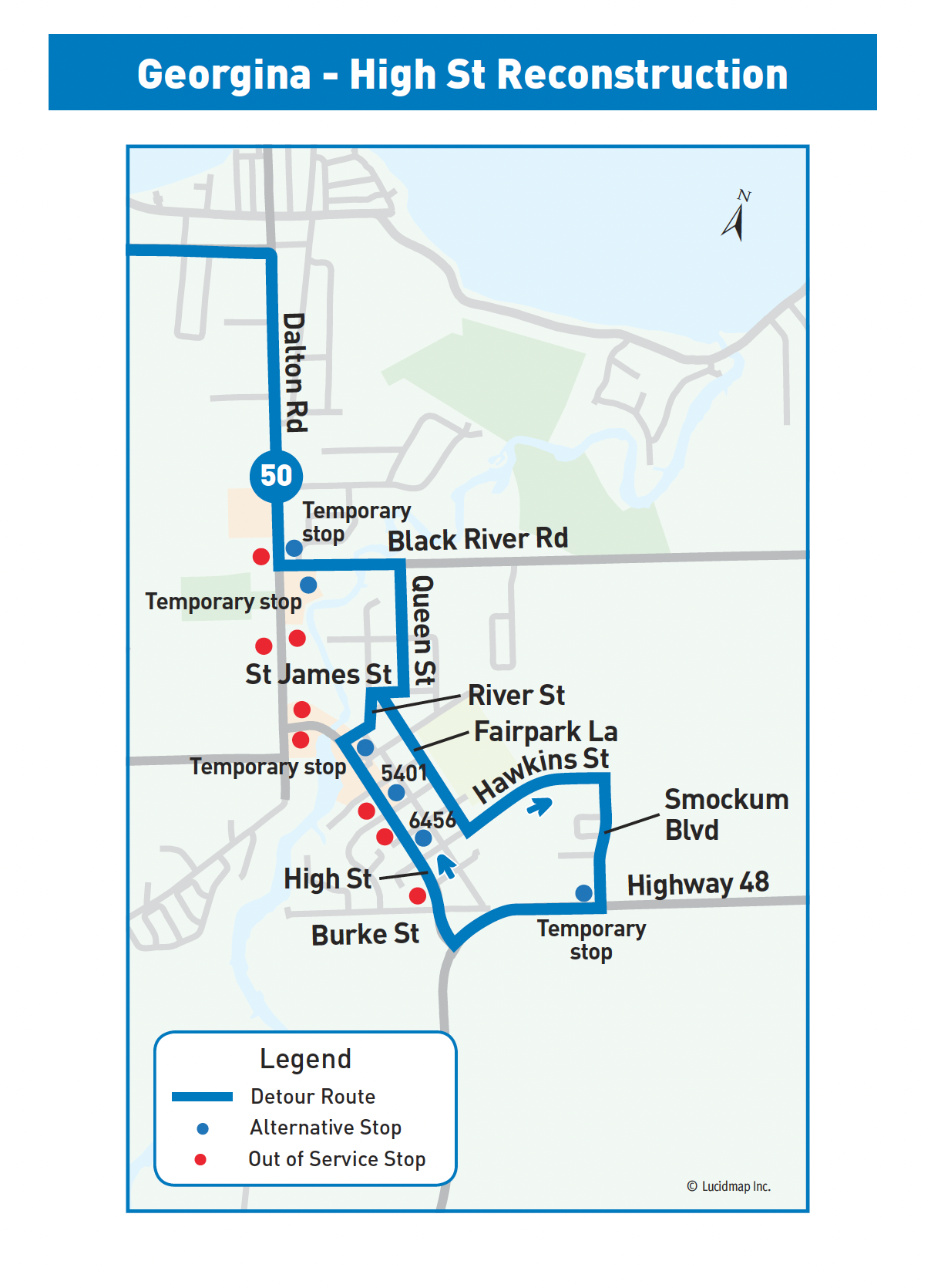 Map of detour route for Route 50