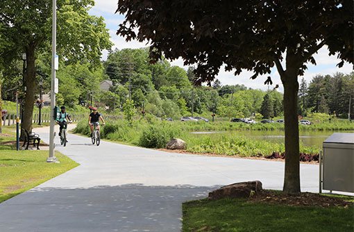 image of two cyclist riding next to a lake in a park