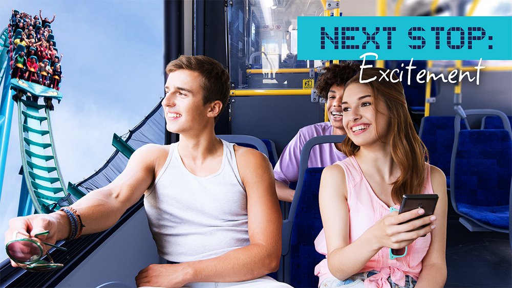 roller coaster and teenagers sitting in a YRT bus