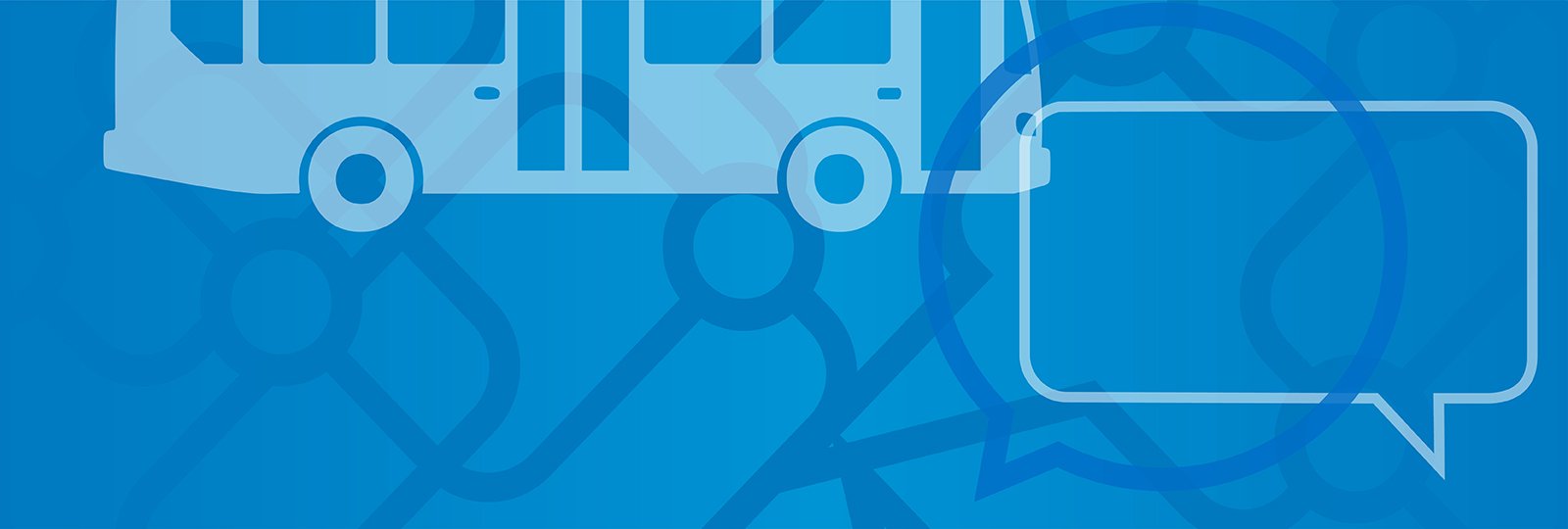 decorative blue banner with speech bubbles and a bus