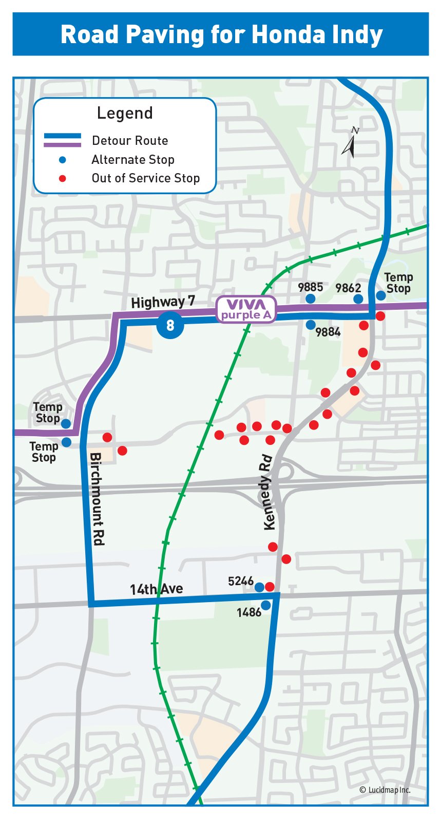 Map showing detour route for route 8 - Kennedy and Viva purple A Detour Map
