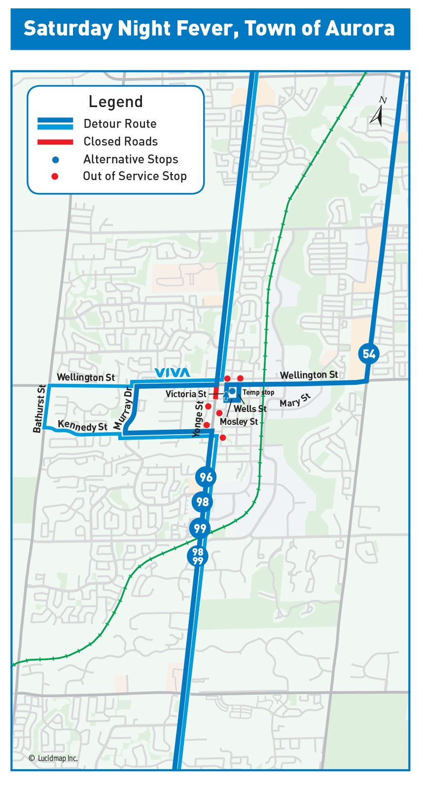 Routes 54, 96, 98, 99 and viva blue Detour Map, Aug 2026