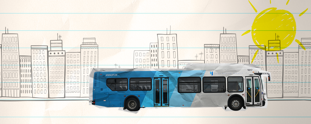 hand drawn buildings on lined paper with a YRT bus