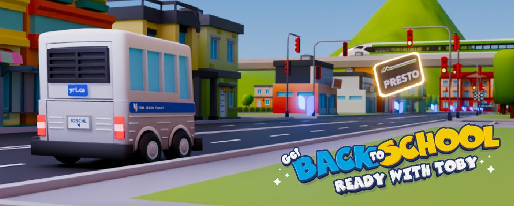 Toby the mini bus driving along a road with buildings in a cartoon artwork style