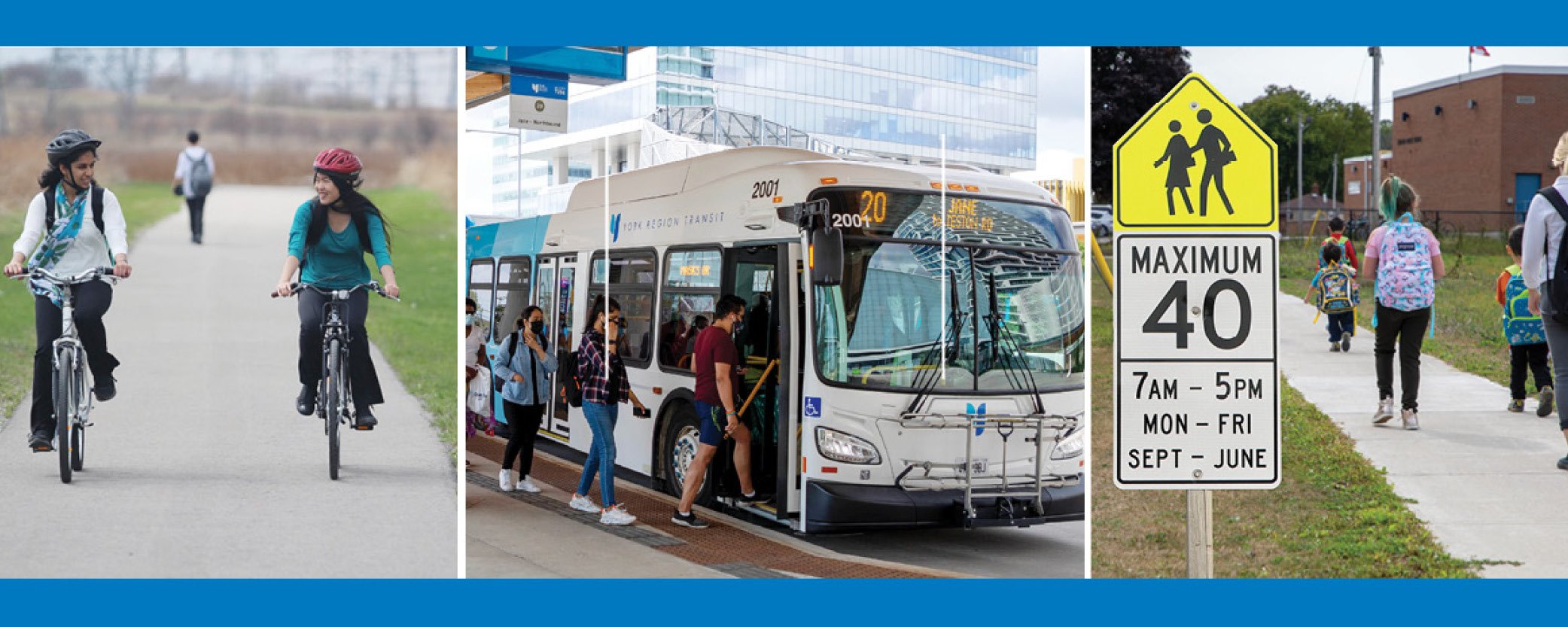 image of students biking, taking the bus, and walking to school