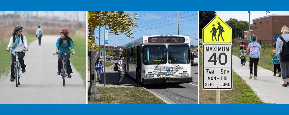 students biking, taking the bus, and walking to school